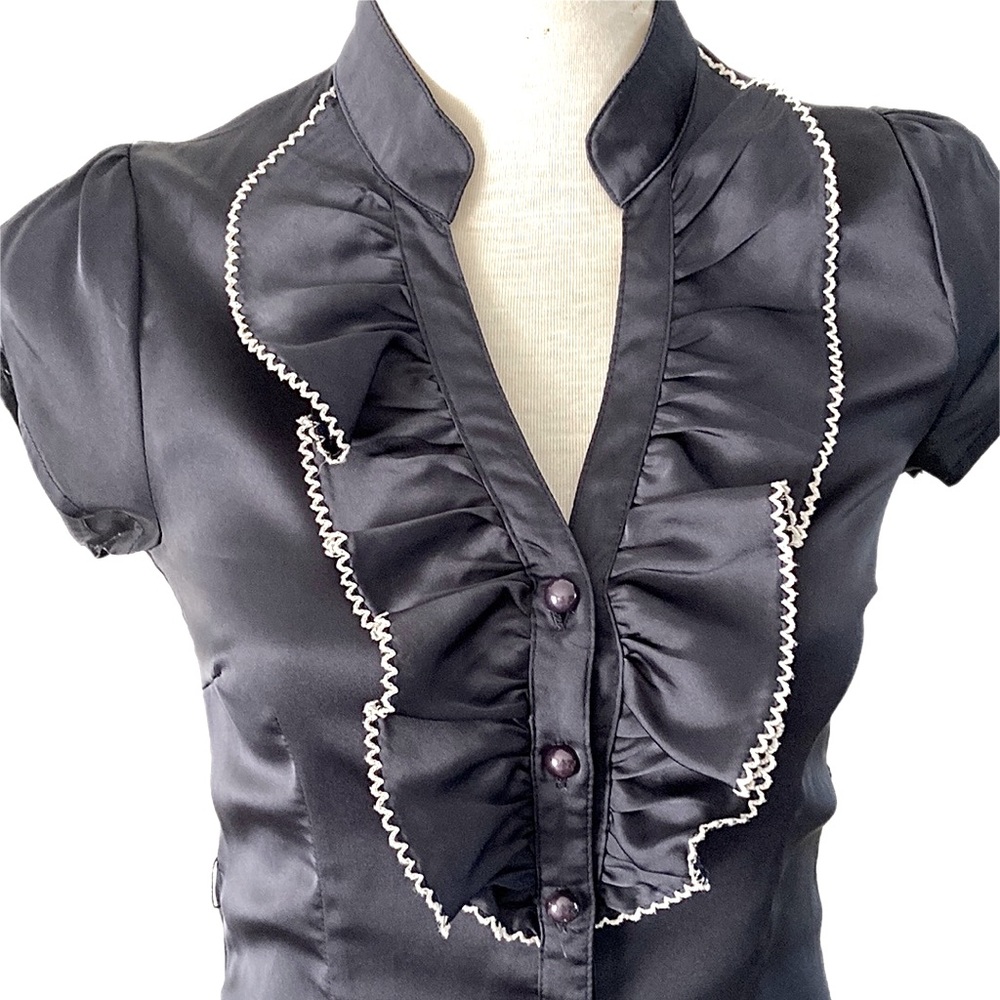TEMT dark navy satiny puff short sleeve Blouse Ruffle front - Picture 3 of 8